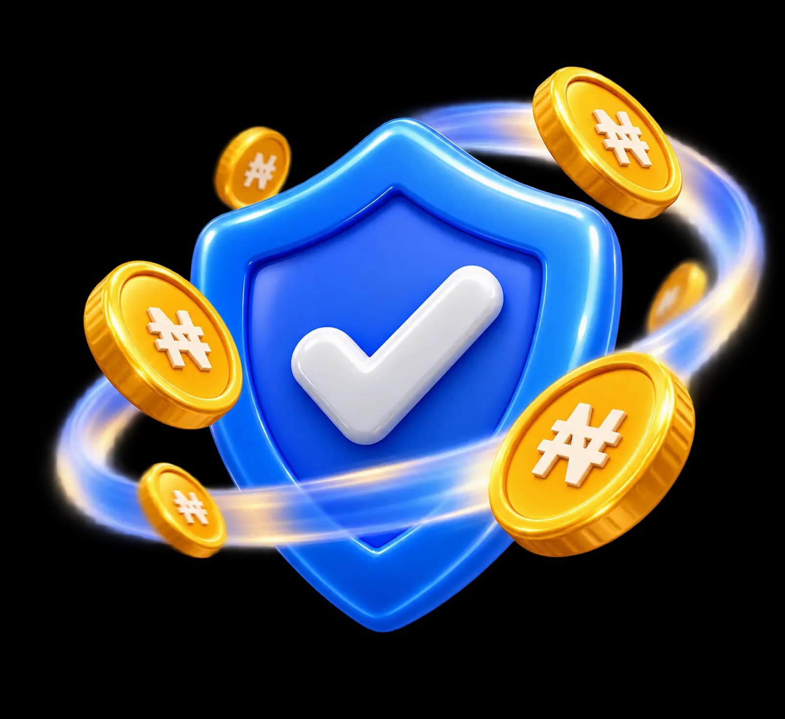 A shield with a check mark surrounded by naira coins