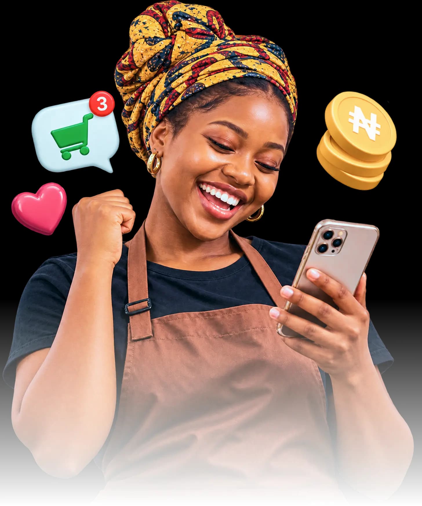 A happy seller checking a payment on her phone